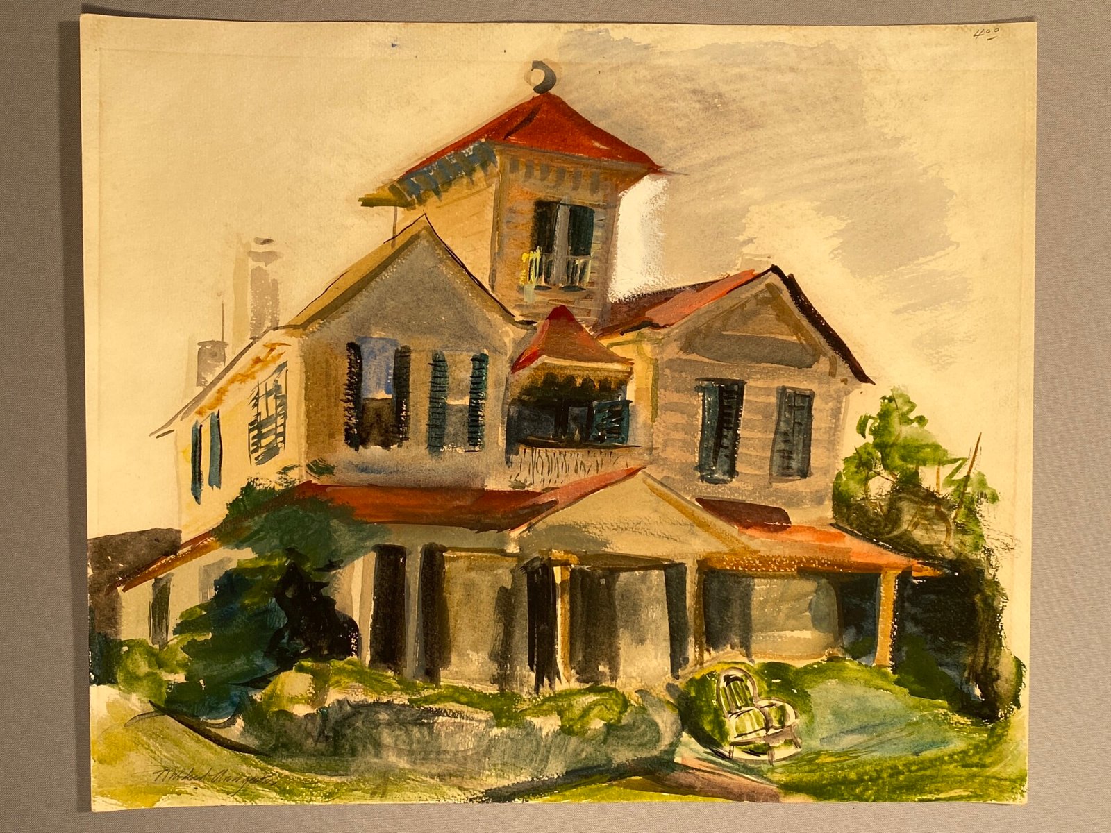 A watercolor painting after conservation treatment to reduce staining and discoloration.